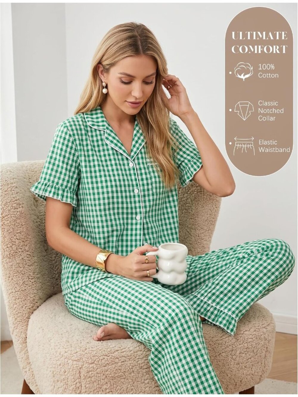 Women's Green Cotton Button Down Shirt Sleepwear 2 Piece Pajamas Set - Picture 4 of 7